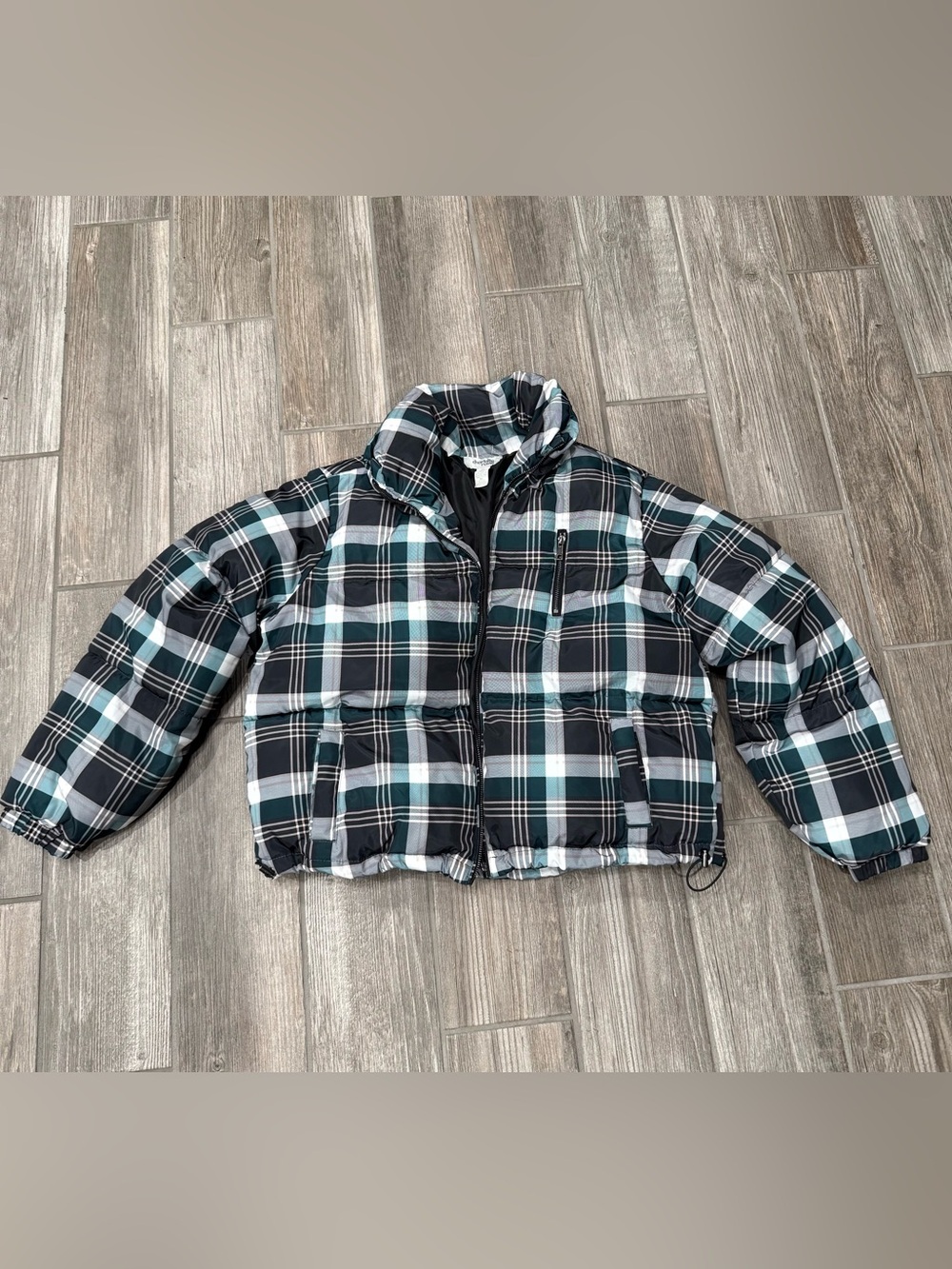 Charlotte Russe Puffer Jacket Womens XL Green Plaid Cropped Zip Polyester